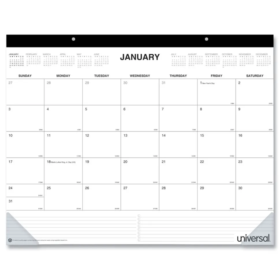 Universal 22 in. x 17 in. 12-Month (Jan-Dec 2026) Desk Pad Calendar - White Sheets/Black Binding/Clear Corners