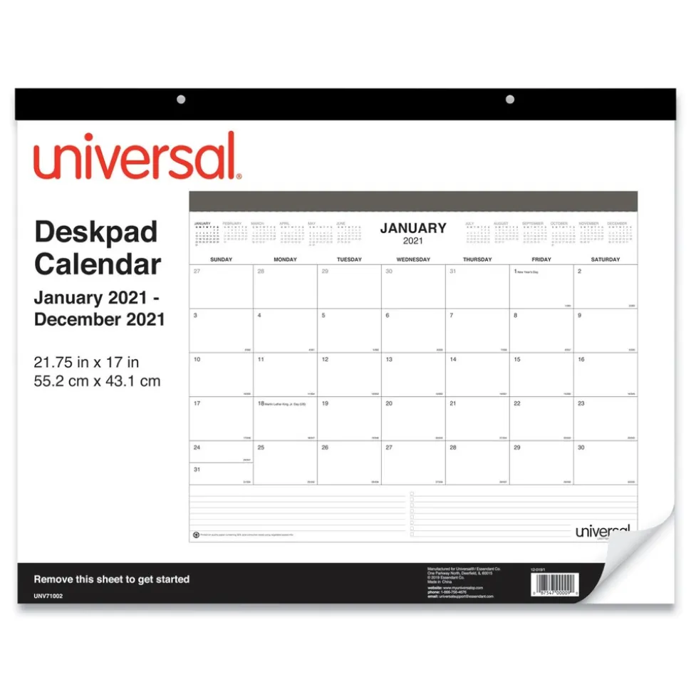 Universal 22 in. x 17 in. 12-Month (Jan-Dec 2026) Desk Pad Calendar - White Sheets/Black Binding/Clear Corners