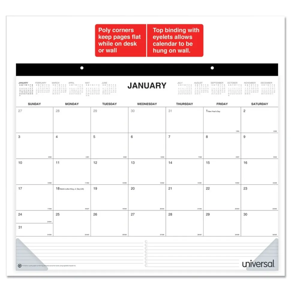 Universal 22 in. x 17 in. 12-Month (Jan-Dec 2026) Desk Pad Calendar - White Sheets/Black Binding/Clear Corners