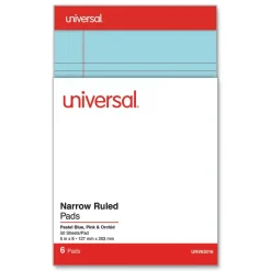 Universal 5 in. x 8 in. Sheets Narrow Rule Perforated Ruled Writing Pads - Assorted Pastel Colors (6/Pack)