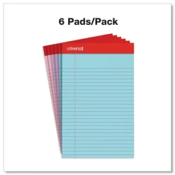 Universal 5 in. x 8 in. Sheets Narrow Rule Perforated Ruled Writing Pads - Assorted Pastel Colors (6/Pack)