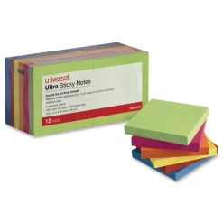 Universal 3 in. x 3 in. Ultra Sticky Note Pads - Assorted (12/Pack)