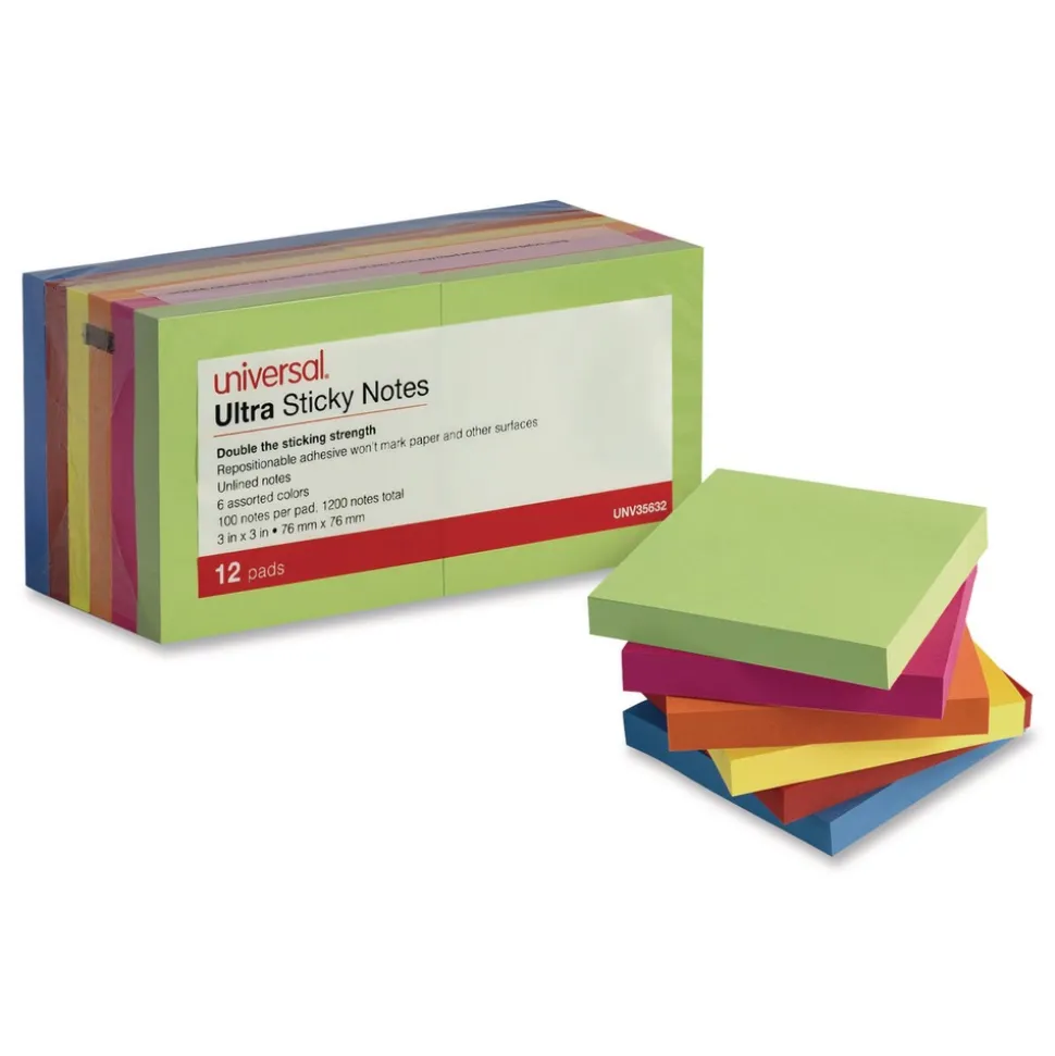 Universal 3 in. x 3 in. Ultra Sticky Note Pads - Assorted (12/Pack)