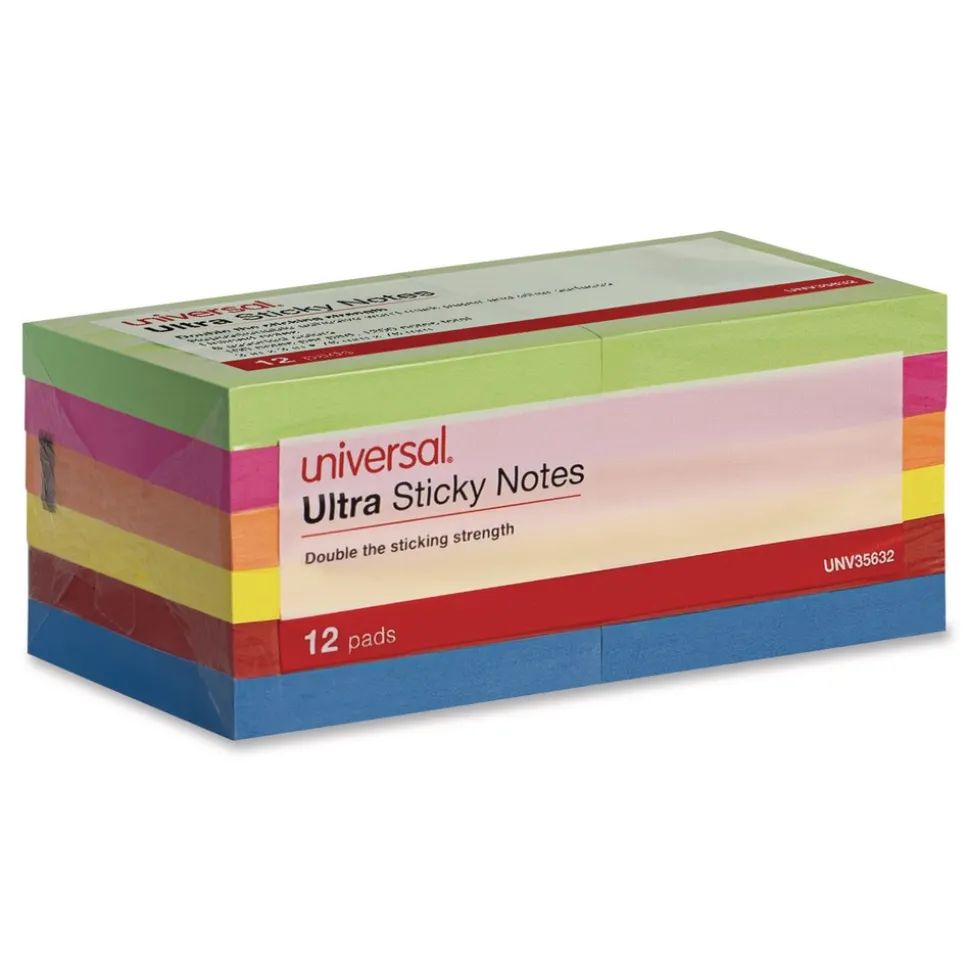Universal 3 in. x 3 in. Ultra Sticky Note Pads - Assorted (12/Pack)