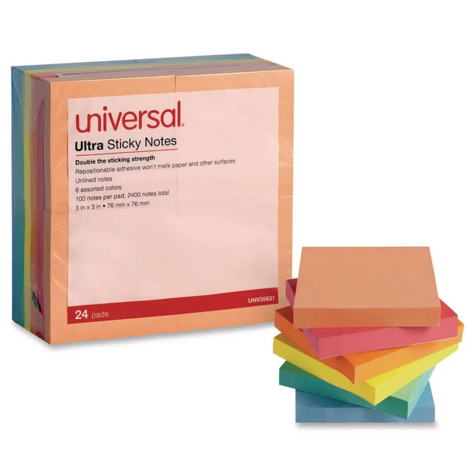 Universal Ultra Sticky Note Pads Note Ruled 4-in x 4-in Assorted Colors 100 Sheets/Pad 6 Pads/Pack