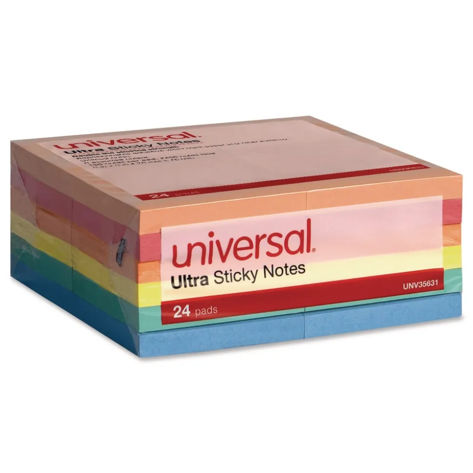 Universal Ultra Sticky Note Pads Note Ruled 4-in x 4-in Assorted Colors 100 Sheets/Pad 6 Pads/Pack