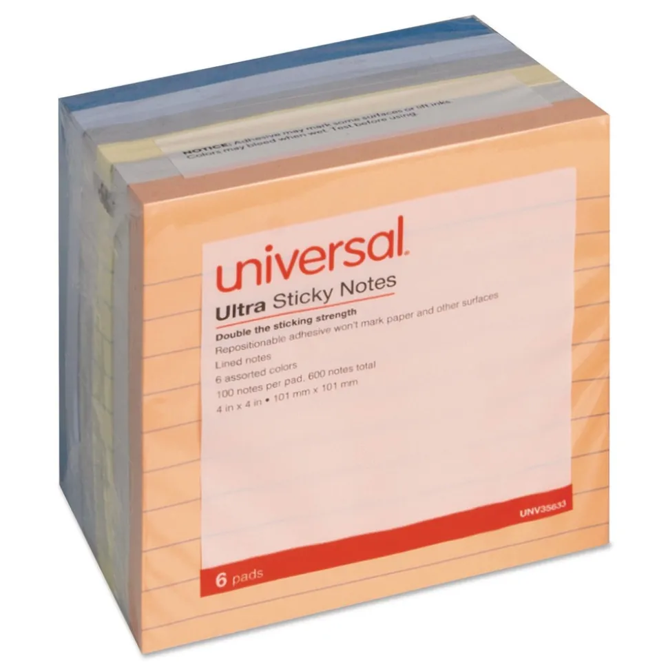 Universal Ultra Sticky Note Pads Note Ruled 4-in x 4-in Assorted Colors 100 Sheets/Pad 6 Pads/Pack