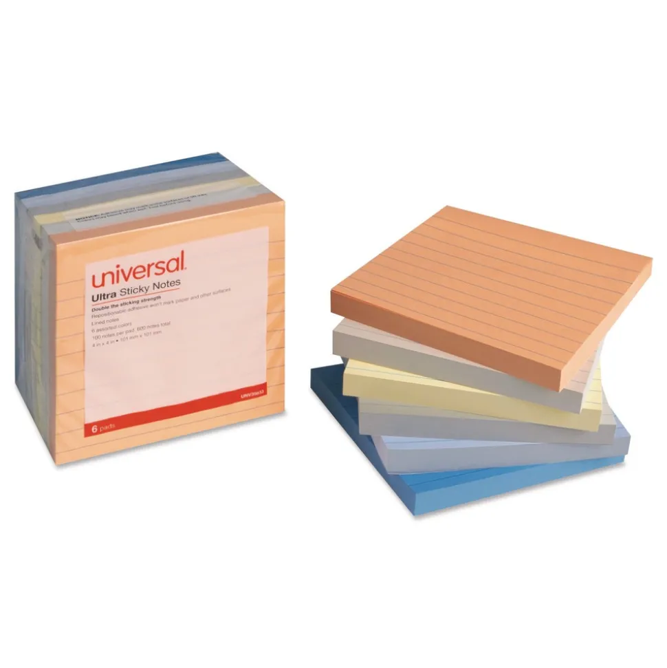 Universal Ultra Sticky Note Pads Note Ruled 4-in x 4-in Assorted Colors 100 Sheets/Pad 6 Pads/Pack
