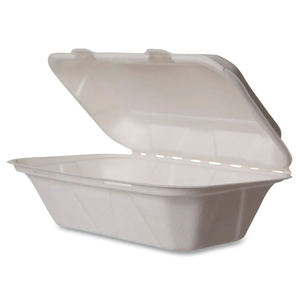 Vegware 9 in. x 11 in. x 2 in. Molded Fiber Compostable Sugarcane Clamshell Containers - White (250/Carton)