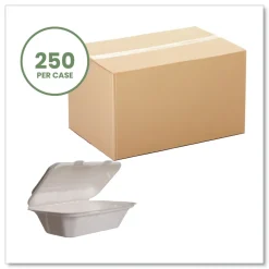 Vegware 9 in. x 11 in. x 2 in. Molded Fiber Compostable Sugarcane Clamshell Containers - White (250/Carton)
