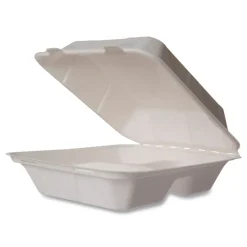 Vegware 7.9 in. x 7.9 in. x 2.9 in. Molded Fiber Compostable Sugarcane 3-Compartment Clamshell Containers - White (200/Carton)