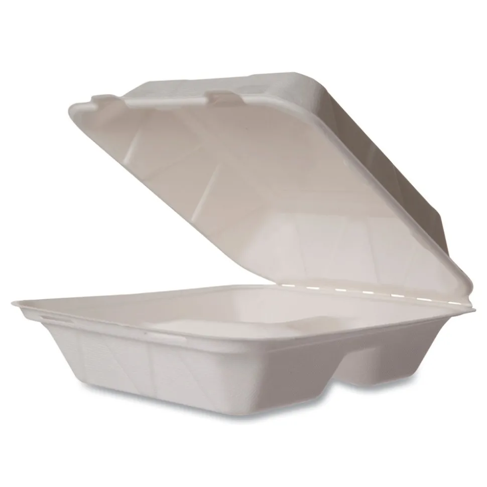 Vegware 7.9 in. x 7.9 in. x 2.9 in. Molded Fiber Compostable Sugarcane 3-Compartment Clamshell Containers - White (200/Carton)