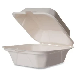 Vegware 5.9 in. x 5.9 in. x 2.9 in. Molded Fiber Compostable Sugarcane Clamshell Containers - White (400/Carton)