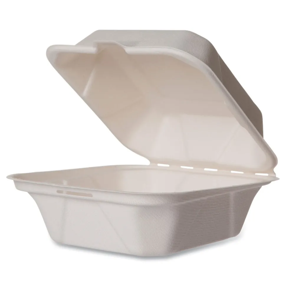 Vegware 5.9 in. x 5.9 in. x 2.9 in. Molded Fiber Compostable Sugarcane Clamshell Containers - White (400/Carton)