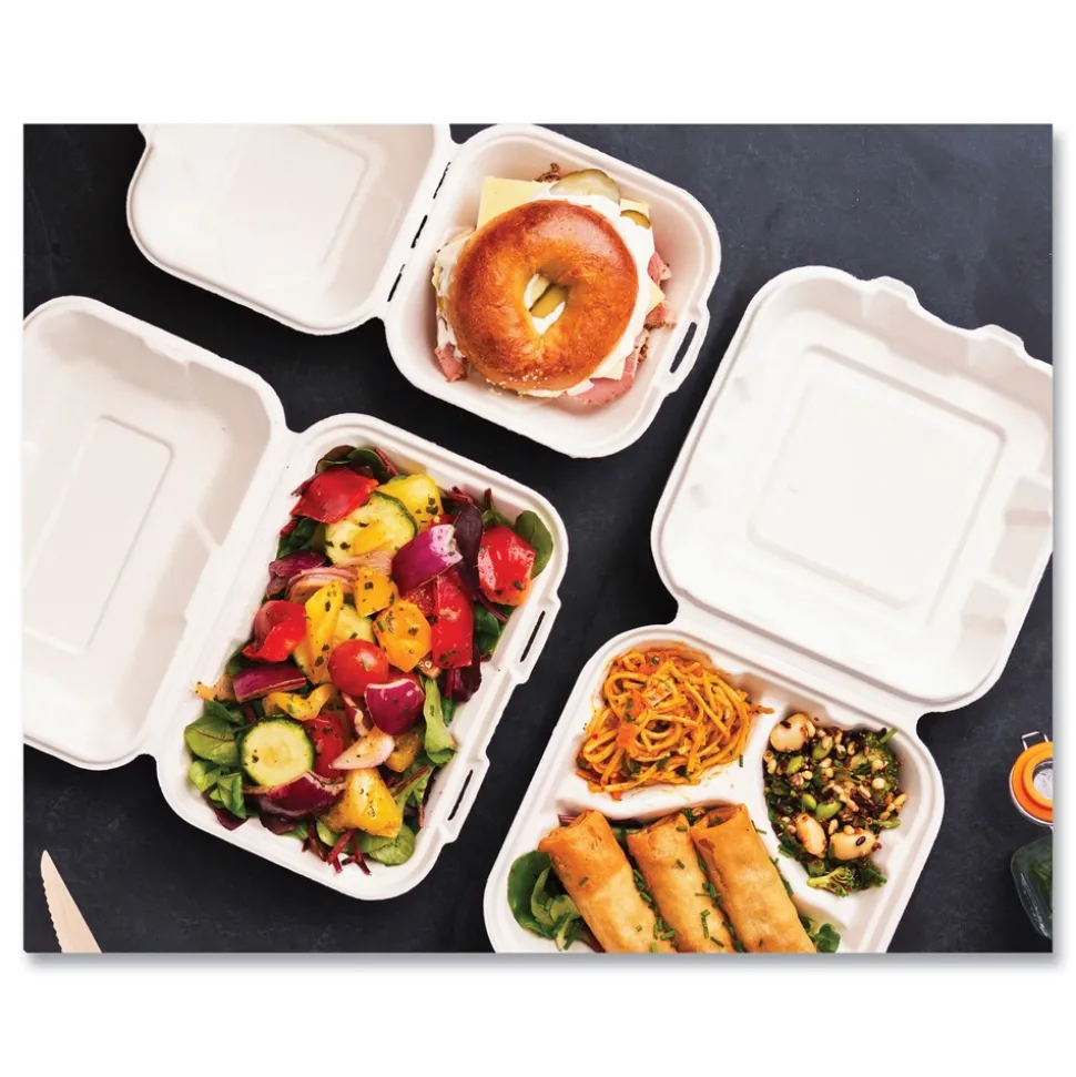 Vegware 5.9 in. x 5.9 in. x 2.9 in. Molded Fiber Compostable Sugarcane Clamshell Containers - White (400/Carton)