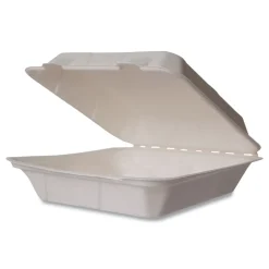 Vegware 9 in. x 9 in. x 3 in. Molded Fiber Compostable Sugarcane Clamshell Containers - White (200/Carton)