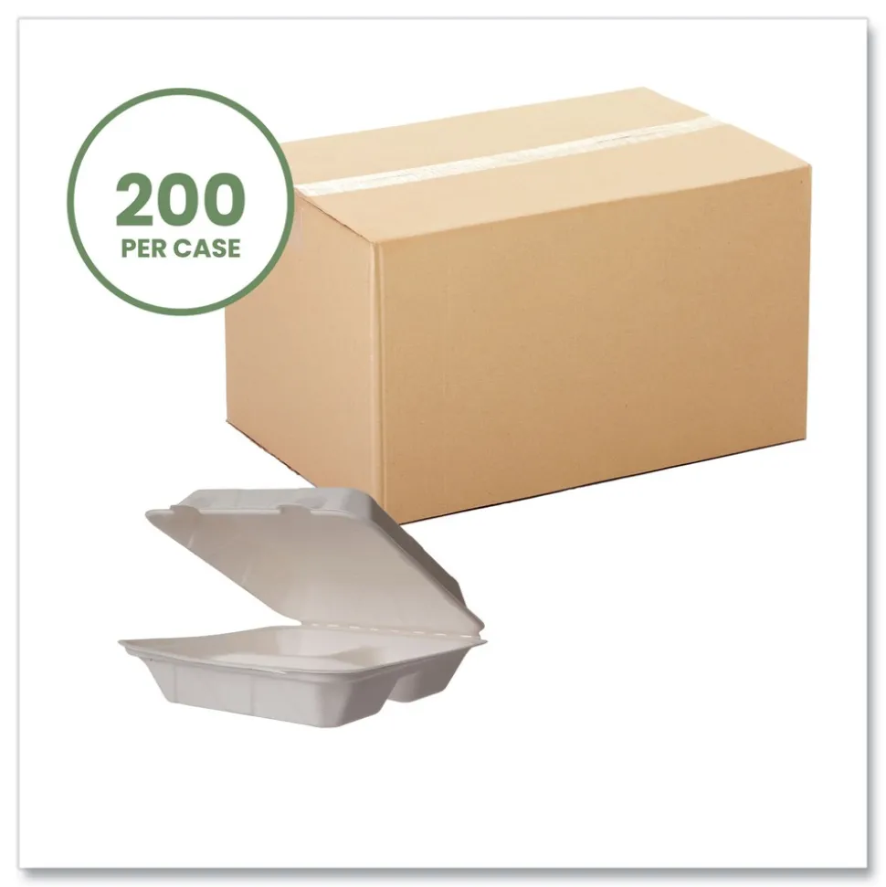 Vegware 9 in. x 18 in. x 2 in. Molded Fiber Compostable Sugarcane 3-Compartment Clamshell Containers - White (200/Carton)
