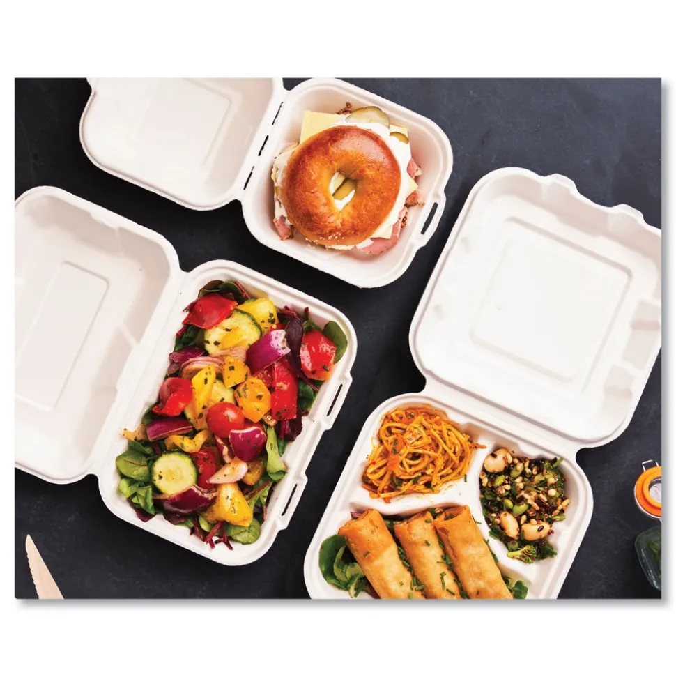 Vegware 7.9 in. x 7.9 in. x 2.9 in. Molded Fiber Compostable Sugarcane Clamshell Container - White (200/Carton)