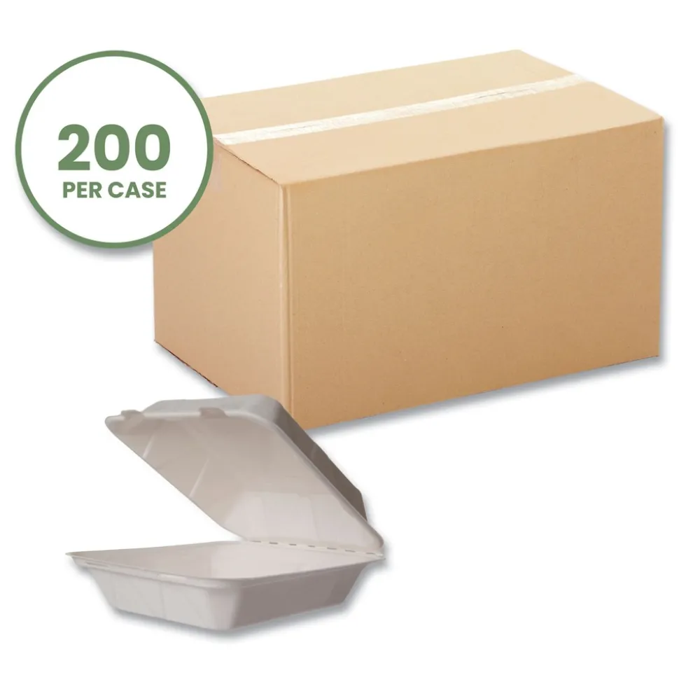 Vegware 7.9 in. x 7.9 in. x 2.9 in. Molded Fiber Compostable Sugarcane Clamshell Container - White (200/Carton)