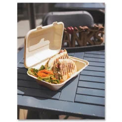 Vegware 6.1 in. x 9 in. x 2.9 in. Nourish Molded Fiber Compostable Sugarcane Takeout Containers - Natural (200/Carton)