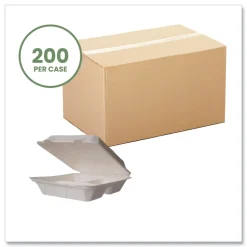 Vegware 5 in. x 9 in. x 2 in. Nourish Molded Fiber Compostable Sugarcane 3-Compartment Takeout Containers - White (200/Carton)