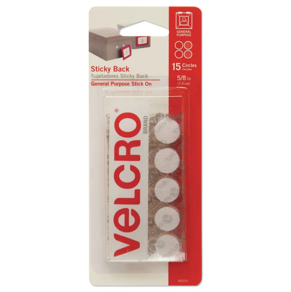 Velcro 0.63 in. Diameter Removable Adhesive Sticky-Back Fasteners - White (15/Pack)