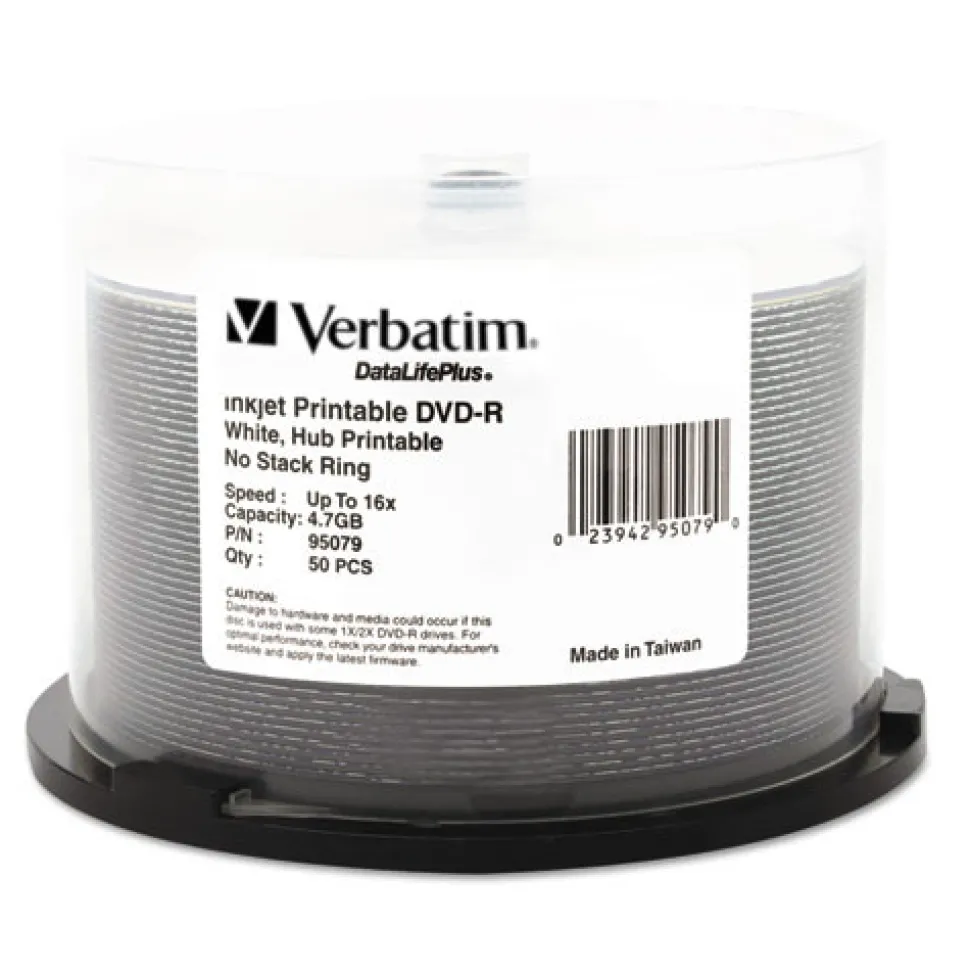 Verbatim 4.7 GB 16x DVD-R DataLife Plus Printable Recordable Disc - White (50/Pack)