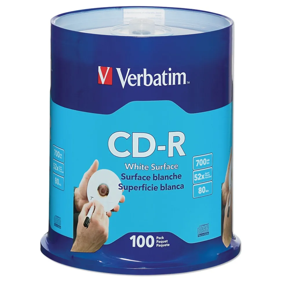Verbatim 700 MB/80 min 52x CD-R Recordable Disc - White (100/Pack)