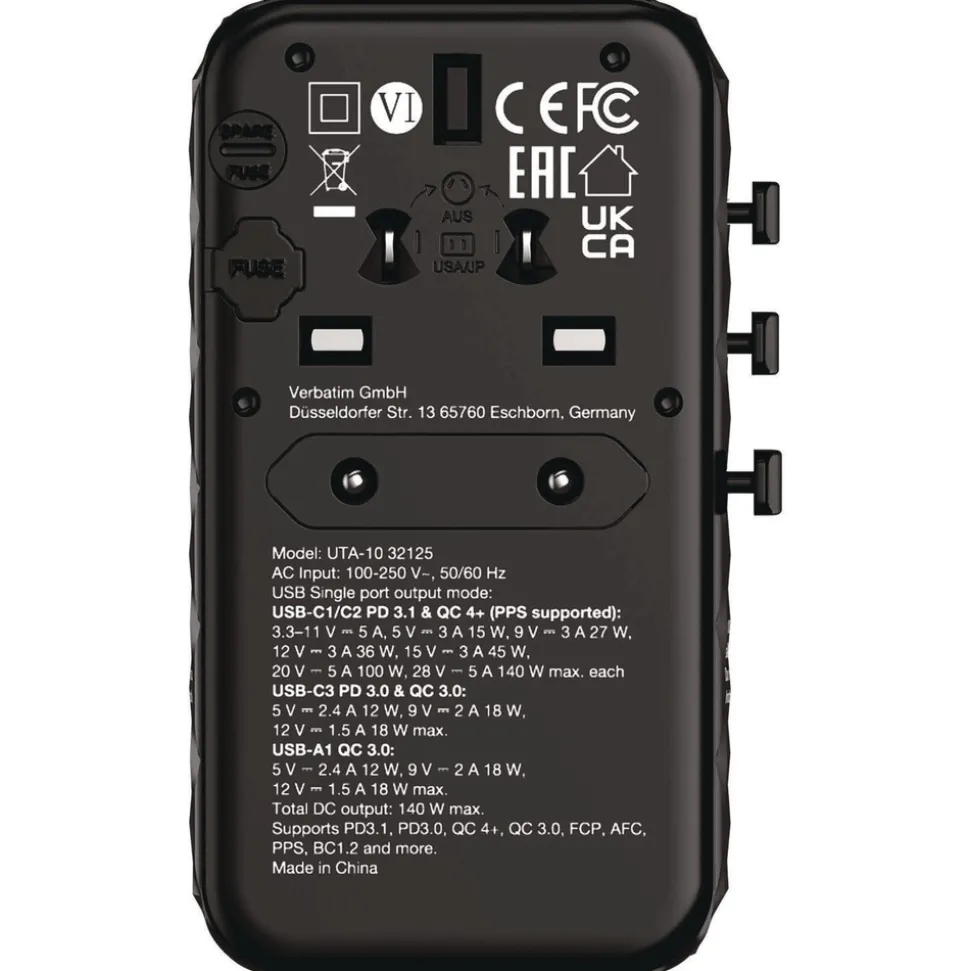 Verbatim UTA-10 GaN III 3-USB-A/3-USB-C Universal Travel Adapter