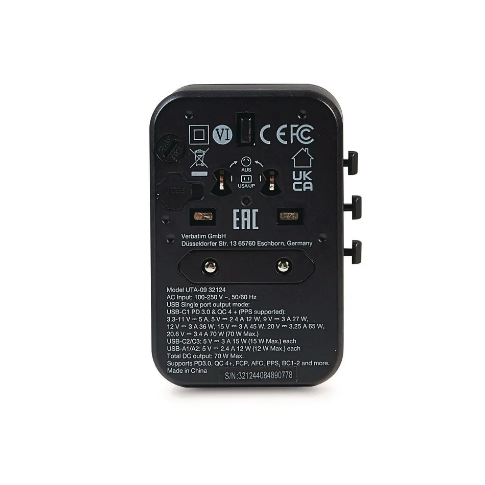 Verbatim UTA-09 Gan III 2-USB-A/2-USB-C/USB-C with Power Delivery 3.0 Universal Travel Adapter