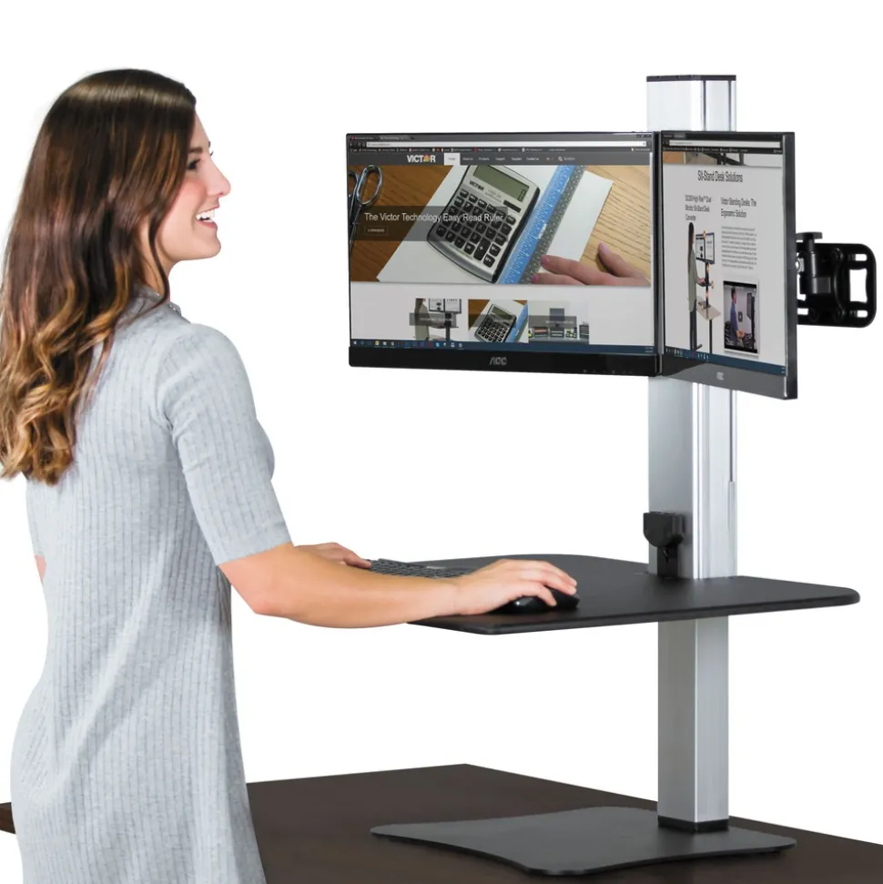 Victor 28 in. x 23 in. x 20.25 in. High Rise Electric Dual Monitor Standing Desk Workstation - Black/Aluminum