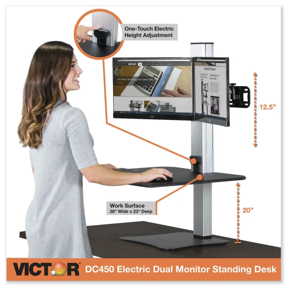 Victor 28 in. x 23 in. x 20.25 in. High Rise Electric Dual Monitor Standing Desk Workstation - Black/Aluminum