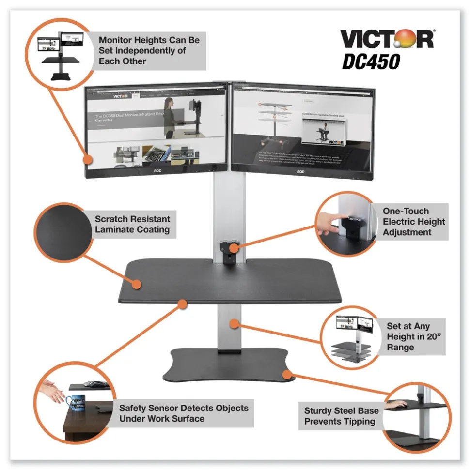 Victor 28 in. x 23 in. x 20.25 in. High Rise Electric Dual Monitor Standing Desk Workstation - Black/Aluminum