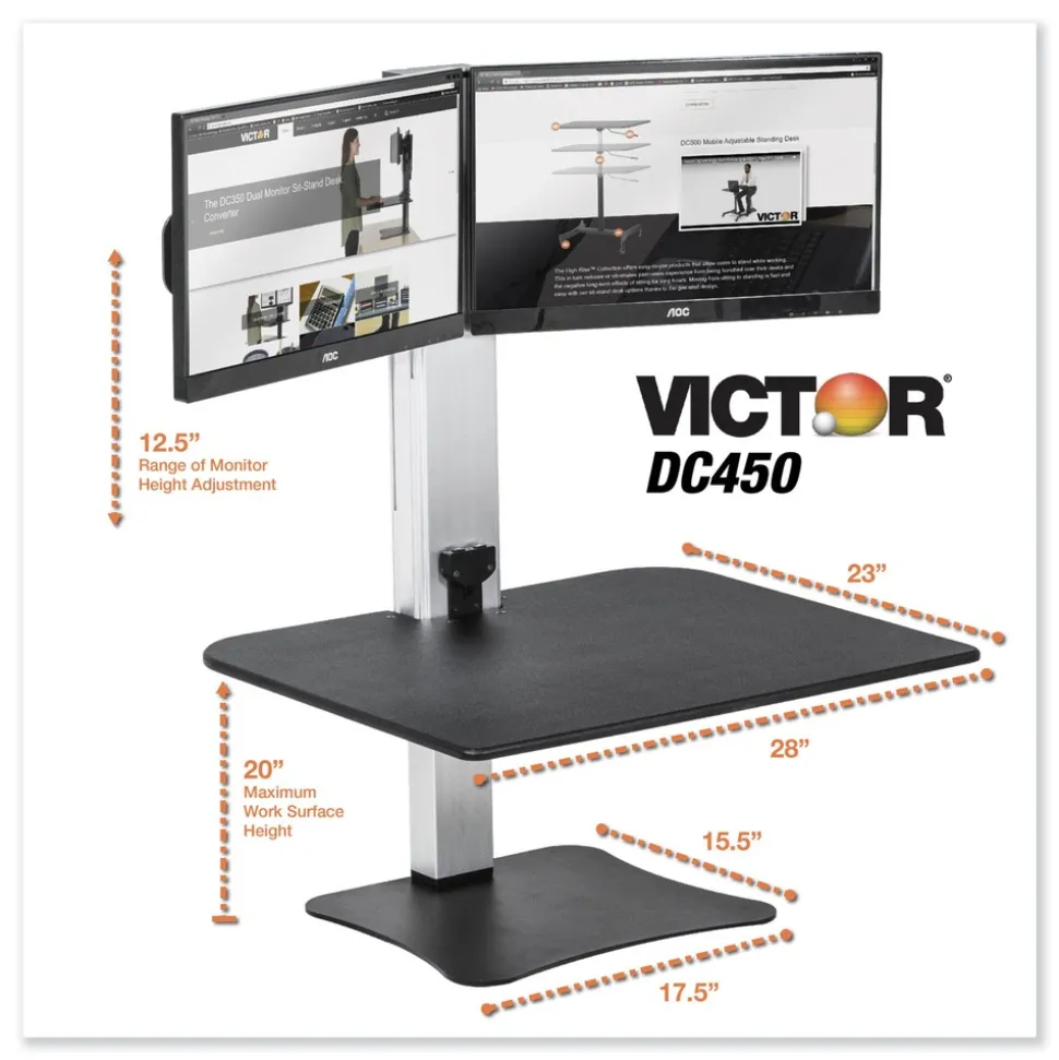 Victor 28 in. x 23 in. x 20.25 in. High Rise Electric Dual Monitor Standing Desk Workstation - Black/Aluminum