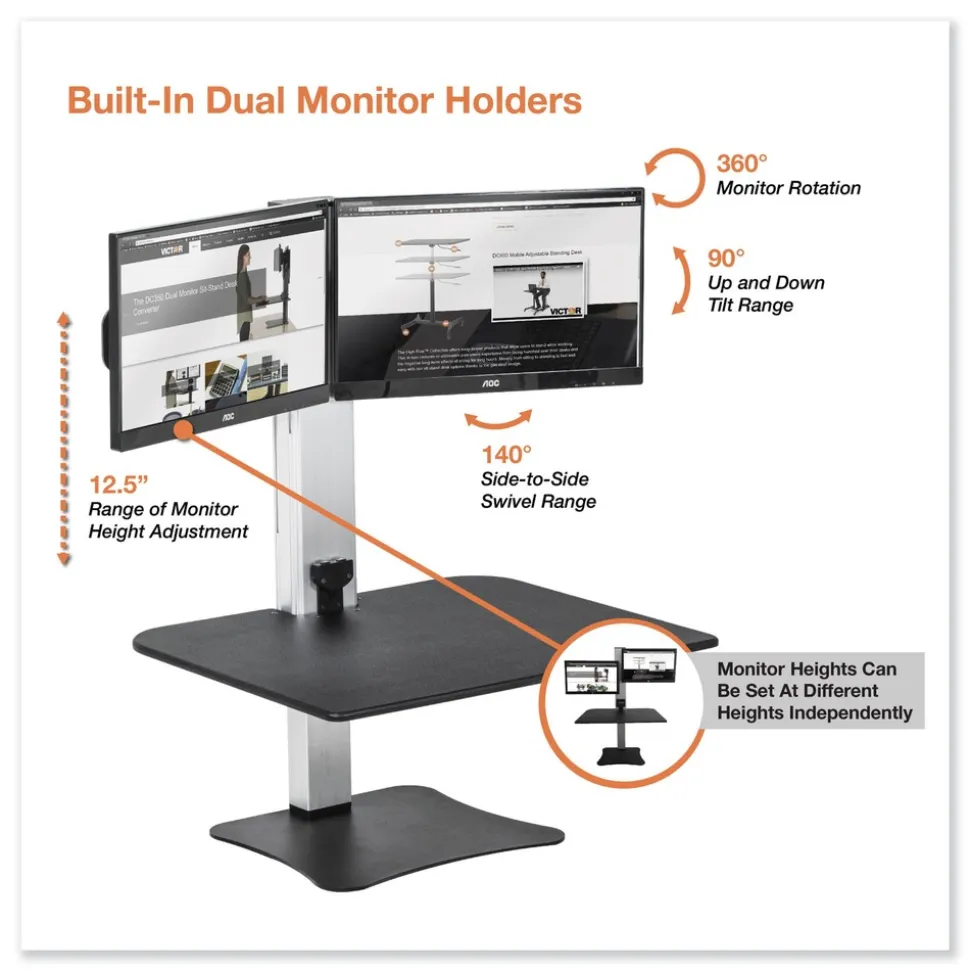Victor 28 in. x 23 in. x 20.25 in. High Rise Electric Dual Monitor Standing Desk Workstation - Black/Aluminum