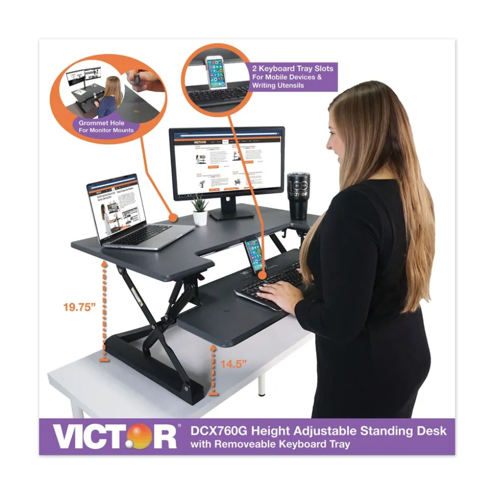 Victor 36 in. x 31.25 in. x 5.25 in. to 20 in. High Rise Height Adjustable Standing Desk with Keyboard Tray - Gray/Black