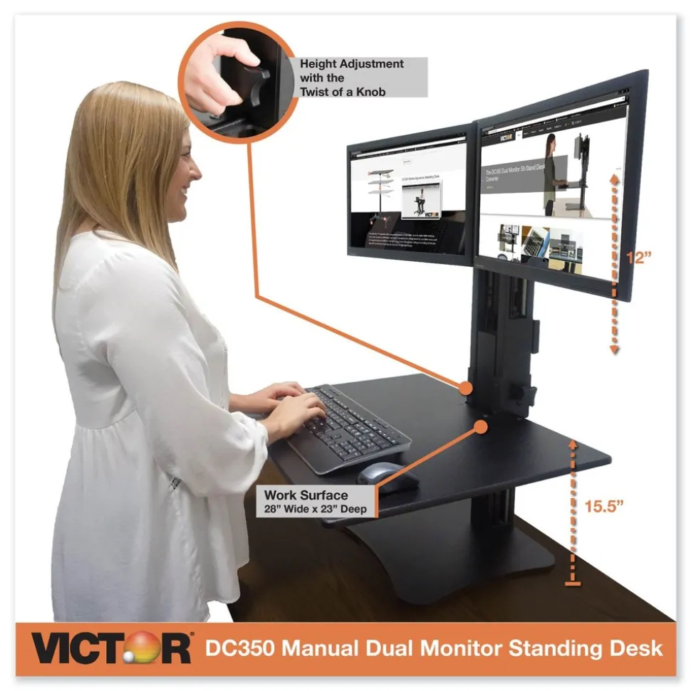 Victor DC350A High Rise 28 in. x 23 in. x 10.5 in. to 15.5 in. Dual Monitor Standing Desk Workstation - Black