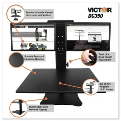 Victor DC350A High Rise 28 in. x 23 in. x 10.5 in. to 15.5 in. Dual Monitor Standing Desk Workstation - Black