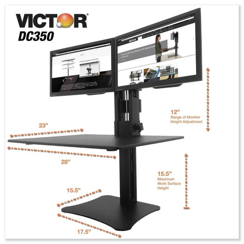 Victor DC350A High Rise 28 in. x 23 in. x 10.5 in. to 15.5 in. Dual Monitor Standing Desk Workstation - Black