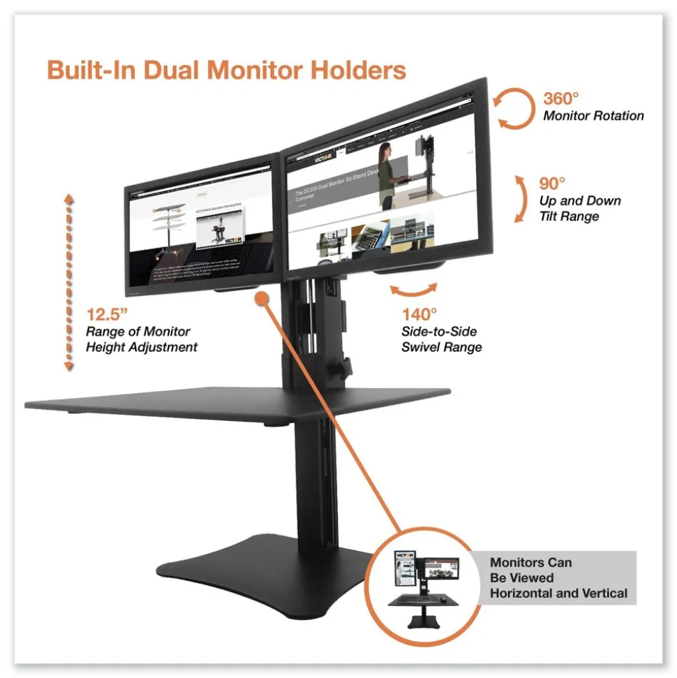 Victor DC350A High Rise 28 in. x 23 in. x 10.5 in. to 15.5 in. Dual Monitor Standing Desk Workstation - Black