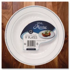 WNA RSMP91210WS 9 in. Diameter Masterpiece Plastic Plates - White/Silver (120/Carton)