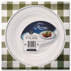 WNA RSMP91210WS 9 in. Diameter Masterpiece Plastic Plates - White/Silver (120/Carton)