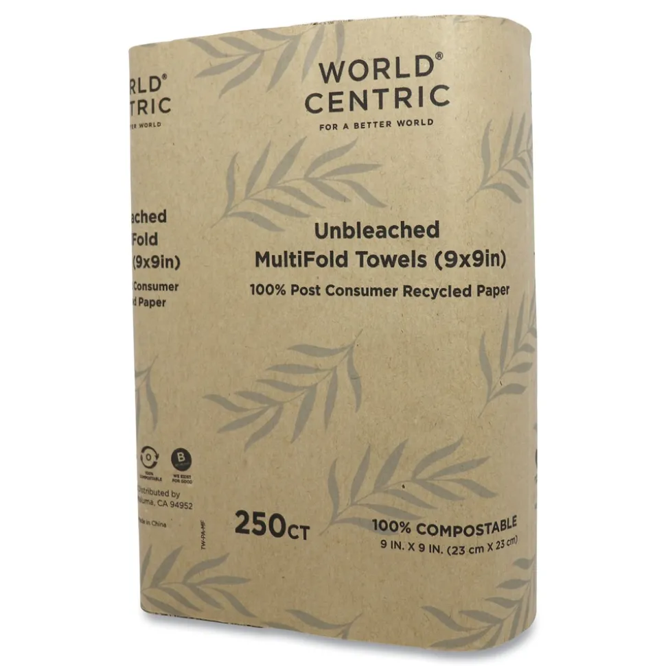 World Centric 9 in. x 9 in. 1-Ply 100% PCW Recycled Paper Towels - Natural (4000/Carton)
