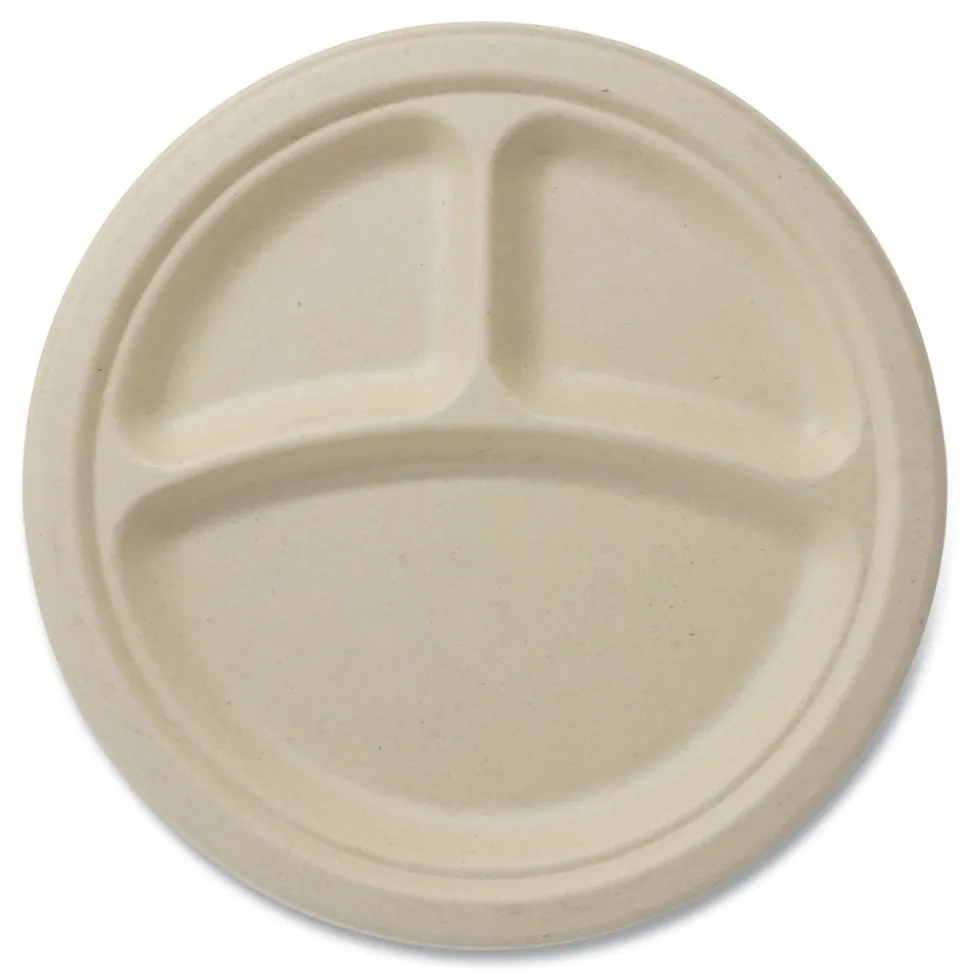 World Centric PLSC9TLFS 9 in. Diameter 3-Compartment Paper Fiber Plates - Natural (1000/Carton)