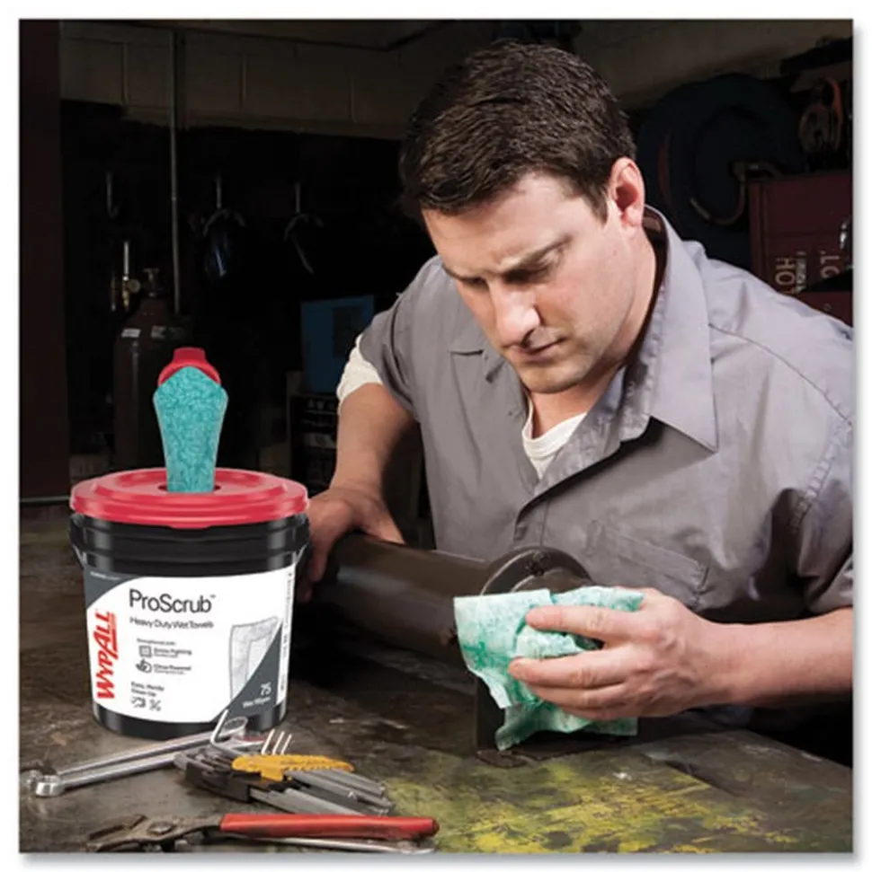 WypAll Power Clean ProScrub 12 in. x 9.5 in. Pre-Saturated Wipes - Citrus Scent, Green (75/Pack, 6 Packs/Carton)