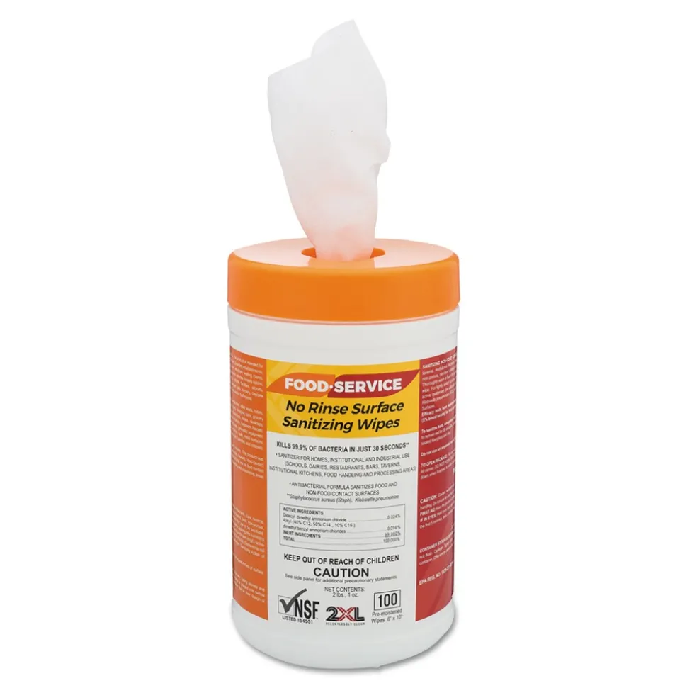 2XL 6 in. x 8 in. 1-Ply Food Service No Rinse Surface Sanitizing Wipes - White (6/Carton)