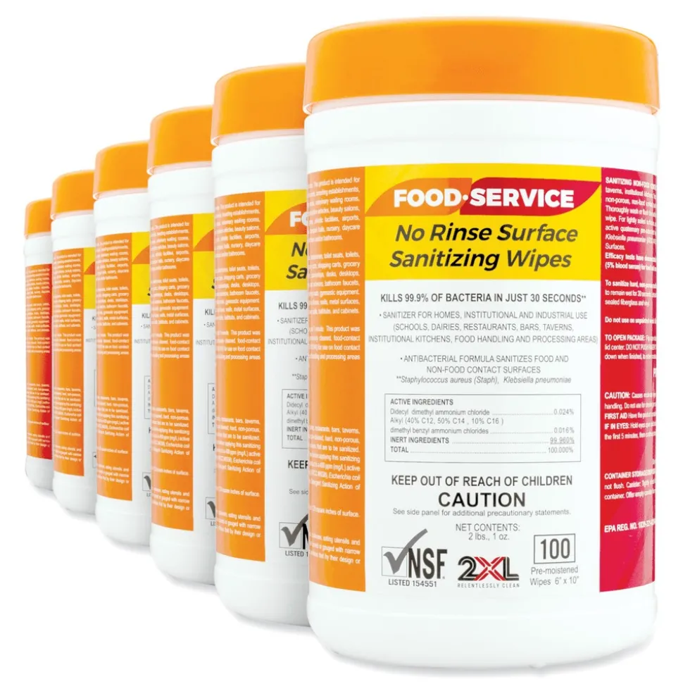 2XL 6 in. x 8 in. 1-Ply Food Service No Rinse Surface Sanitizing Wipes - White (6/Carton)