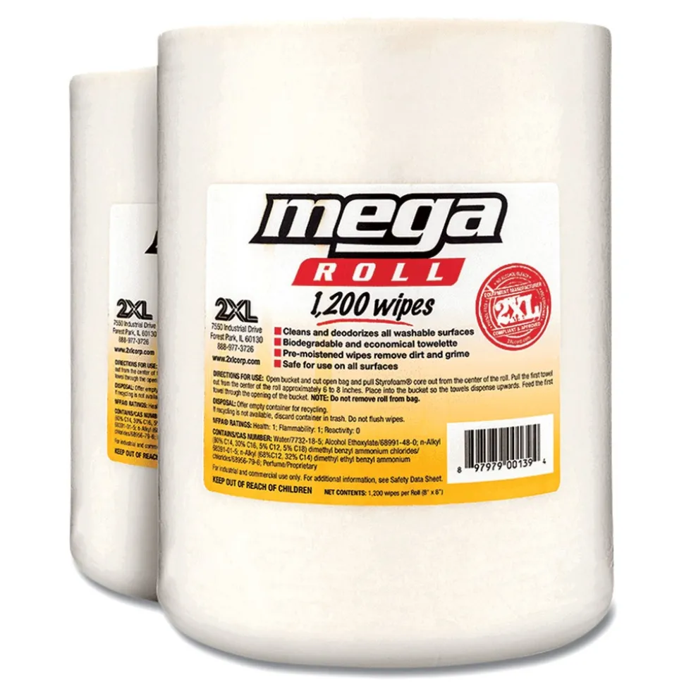 2XL 8 x 8 Gym Wipes Mega Roll Refill - Unscented/White (2/Carton)