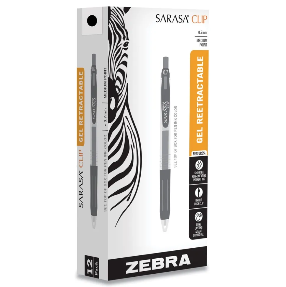 Zebra 0.7 mm Medium Sarasa Retractable Clip Gel Pen - Black Ink, Clear/Black Barrel (1-Dozen)