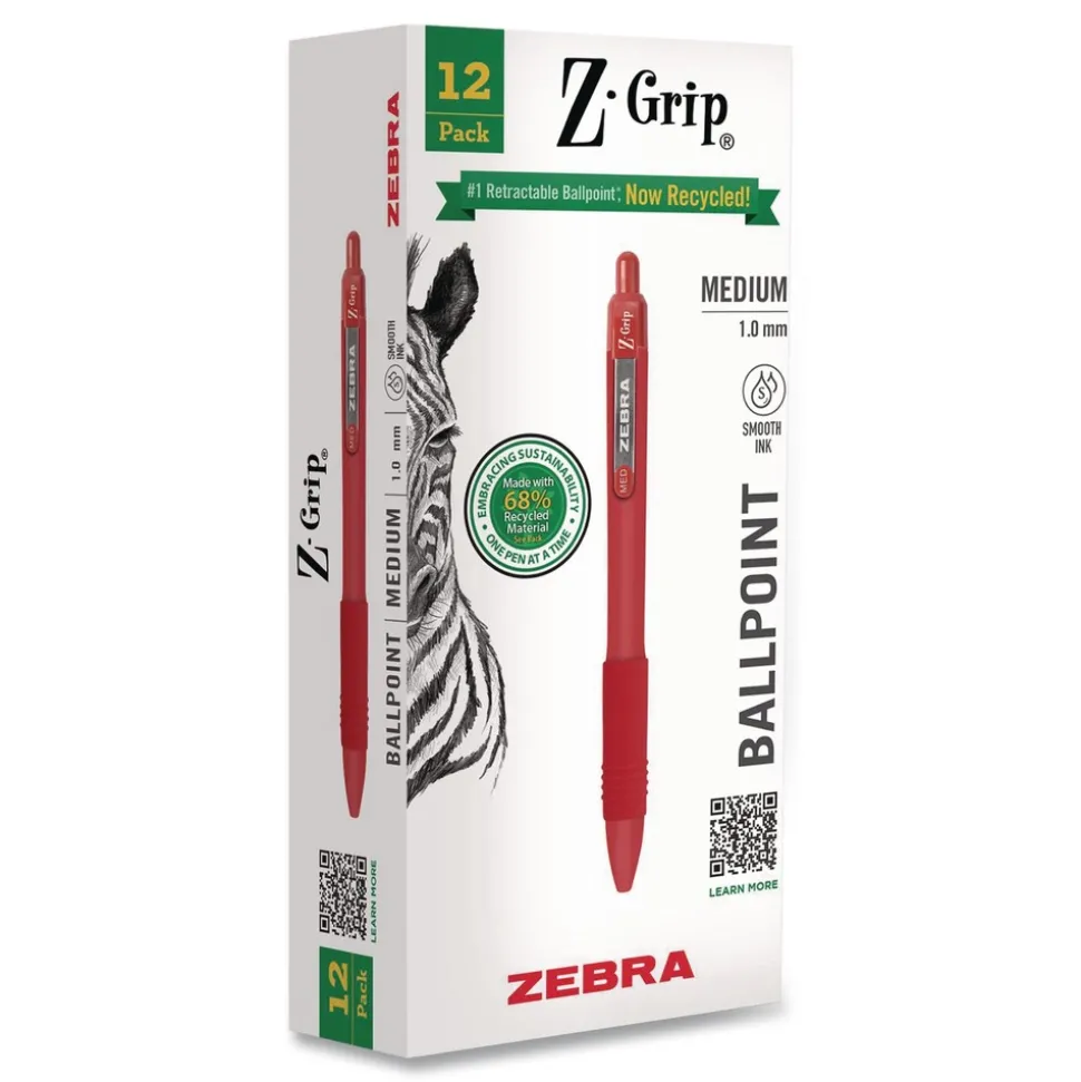 Zebra 20630 Z-Grip Medium 1 mm Recycled Retractable Ballpoint Pen - Red Ink/Red Barrel (1-Dozen)